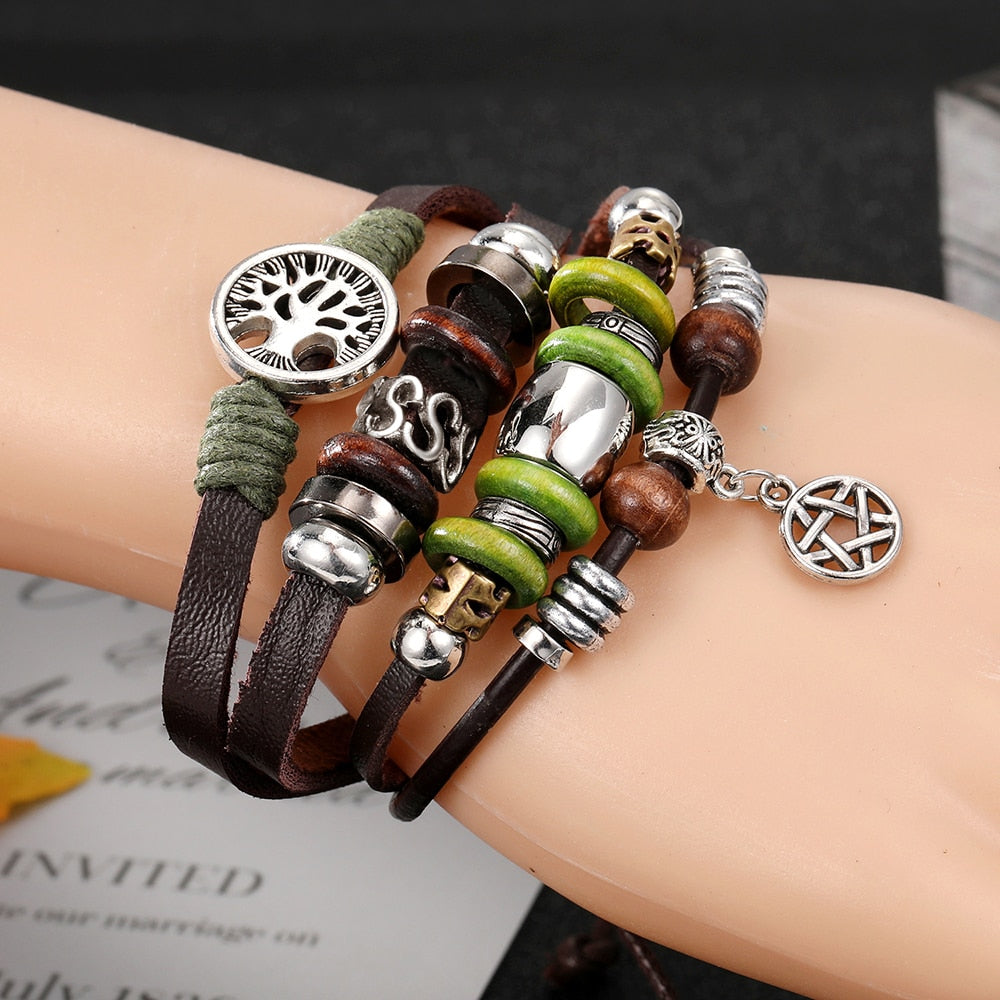 Vinatge Gothic Punk Moon Star Metal Multilayer Leather Bracelet Men Leaf Bracelets &amp; Bangles Male Arm Sun Jewelry Wholesale