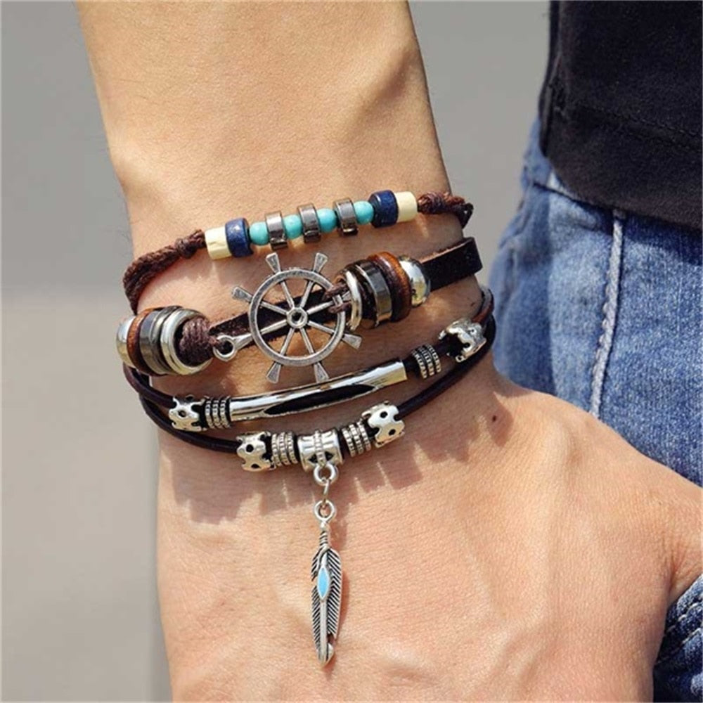 Vinatge Gothic Punk Moon Star Metal Multilayer Leather Bracelet Men Leaf Bracelets &amp; Bangles Male Arm Sun Jewelry Wholesale