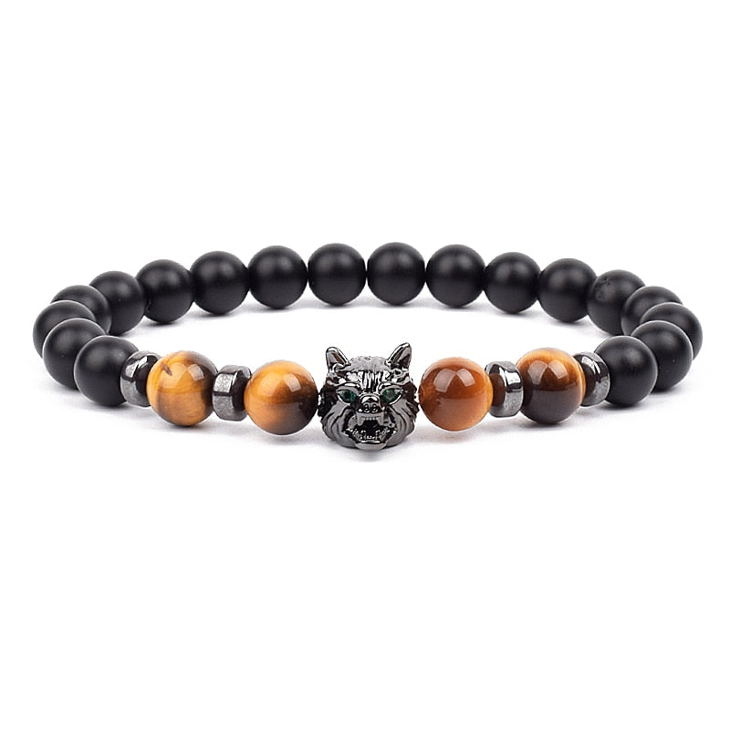 Wolf Charm Bracelets Men Natural Black Agates Onyx Stone Bracelet Brave Blue Tiger Eye Elastic 8 mm Beads Jewelry Beaded Pulsera