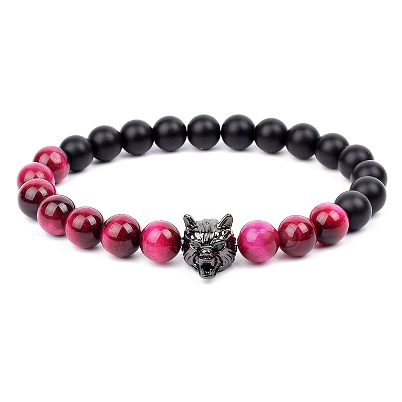 Wolf Charm Bracelets Men Natural Black Agates Onyx Stone Bracelet Brave Blue Tiger Eye Elastic 8 mm Beads Jewelry Beaded Pulsera