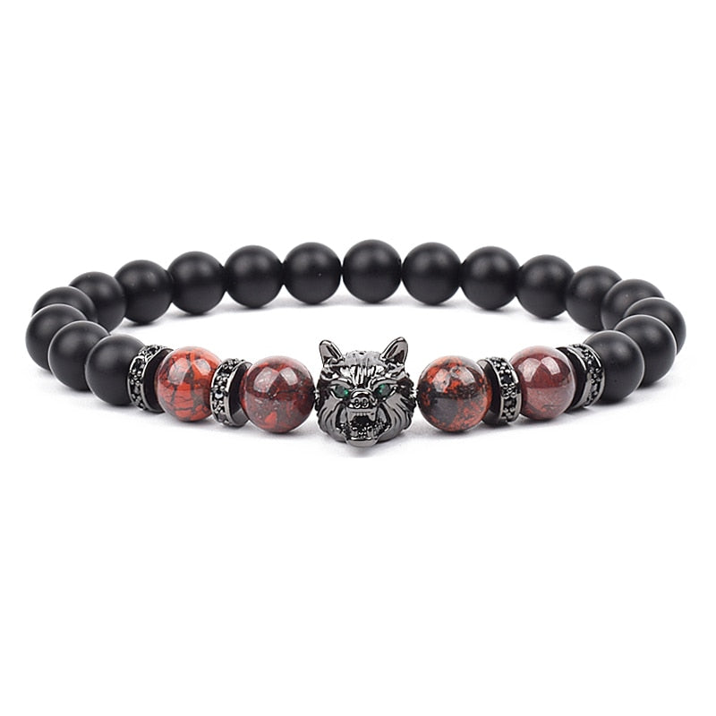 Wolf Charm Bracelets Men Natural Black Agates Onyx Stone Bracelet Brave Blue Tiger Eye Elastic 8 mm Beads Jewelry Beaded Pulsera