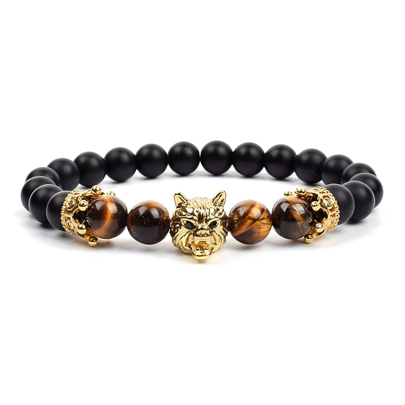 Wolf Charm Bracelets Men Natural Black Agates Onyx Stone Bracelet Brave Blue Tiger Eye Elastic 8 mm Beads Jewelry Beaded Pulsera