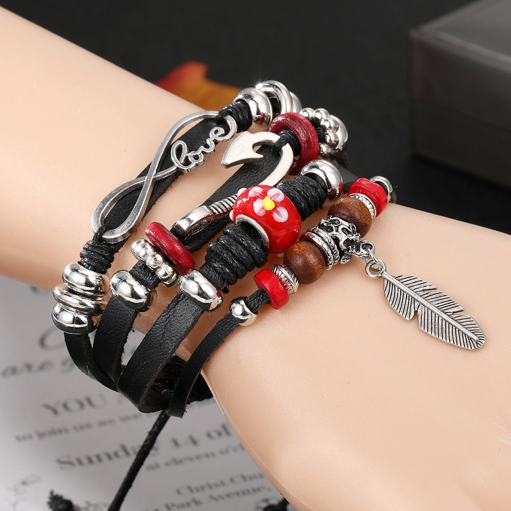 Vinatge Gothic Punk Moon Star Metal Multilayer Leather Bracelet Men Leaf Bracelets &amp; Bangles Male Arm Sun Jewelry Wholesale