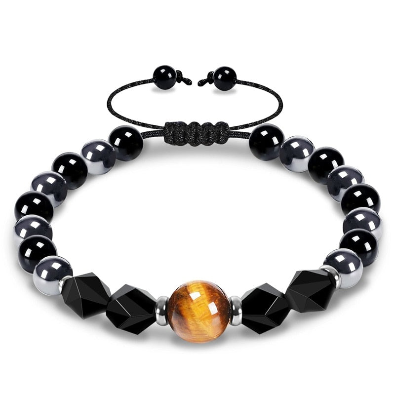 Triple Protection Bracelet 8mm Beads Bracelet Tigers Eye Black Obsidian Hematite Bracelet for Men Women Healing Crystal Bangle