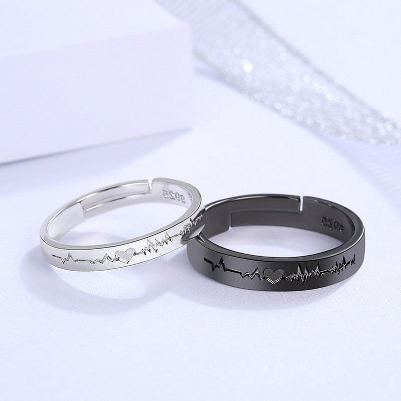 Forever Love Promise Rings Set for Couples - Punk Style Heartbeat ECG Design in Black and White - Ideal Wedding or Valentine's Day Gift for Men and Women