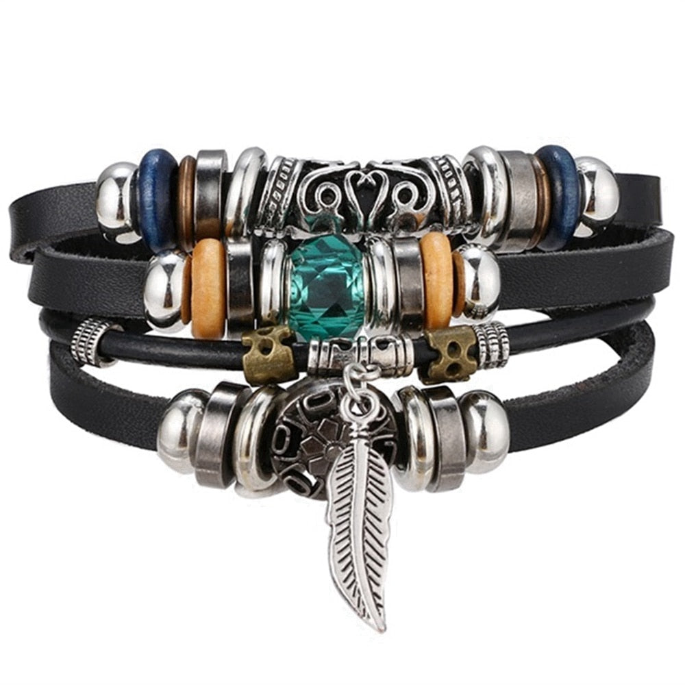 Vinatge Gothic Punk Moon Star Metal Multilayer Leather Bracelet Men Leaf Bracelets &amp; Bangles Male Arm Sun Jewelry Wholesale