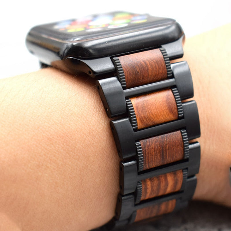 Wooden and Metal Stainless Steel Strap Bracelet for Apple Watch