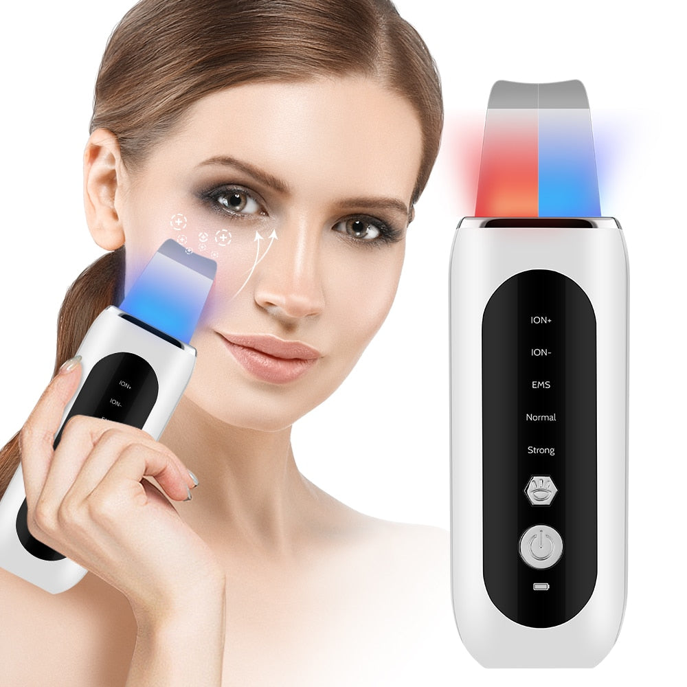 Advanced Facial Beauty Tool with Ultrasonic Scrubbing, EMS Micro-Current, Ion Import, Pore Cleaning, and Red/Blue Light Therapy for Skin Lifting and Rejuvenation