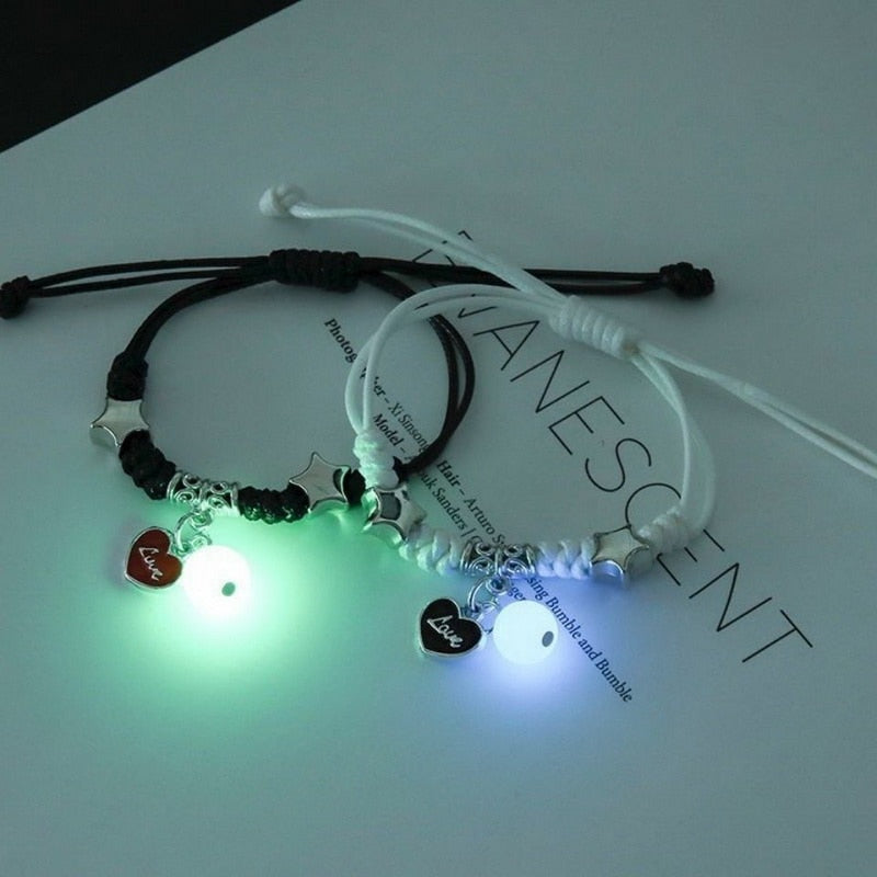 Handmade Adjustable Rope Luminous Star Moon Bracelet Set for Couples and Friends