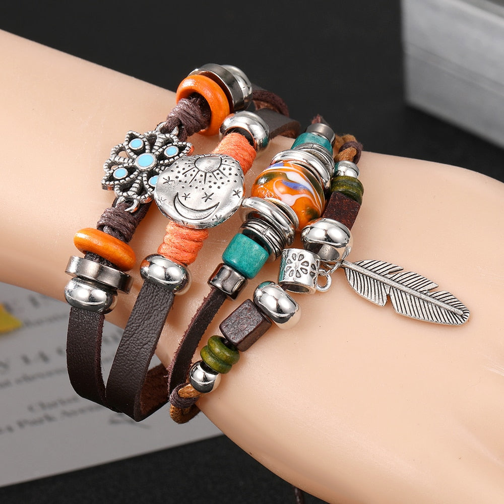 Vinatge Gothic Punk Moon Star Metal Multilayer Leather Bracelet Men Leaf Bracelets &amp; Bangles Male Arm Sun Jewelry Wholesale