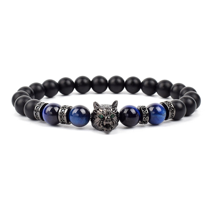 Wolf Charm Bracelets Men Natural Black Agates Onyx Stone Bracelet Brave Blue Tiger Eye Elastic 8 mm Beads Jewelry Beaded Pulsera