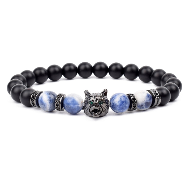 Wolf Charm Bracelets Men Natural Black Agates Onyx Stone Bracelet Brave Blue Tiger Eye Elastic 8 mm Beads Jewelry Beaded Pulsera