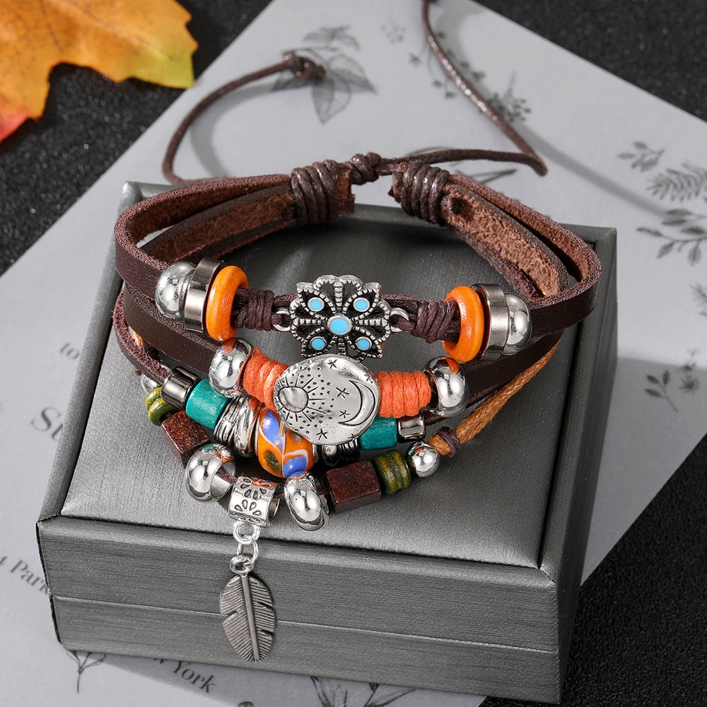 Vinatge Gothic Punk Moon Star Metal Multilayer Leather Bracelet Men Leaf Bracelets &amp; Bangles Male Arm Sun Jewelry Wholesale