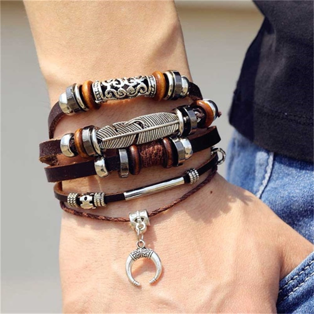 Vinatge Gothic Punk Moon Star Metal Multilayer Leather Bracelet Men Leaf Bracelets &amp; Bangles Male Arm Sun Jewelry Wholesale