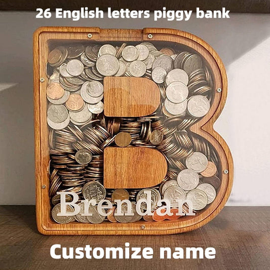 Wooden Coin Money Saving Box, Twenty-six Letter Piggy Bank, Desktop Ornament, Home Decor Crafts, Coins Storage Box.