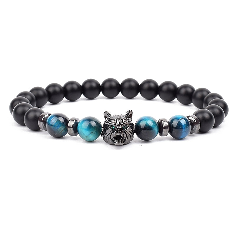 Wolf Charm Bracelets Men Natural Black Agates Onyx Stone Bracelet Brave Blue Tiger Eye Elastic 8 mm Beads Jewelry Beaded Pulsera