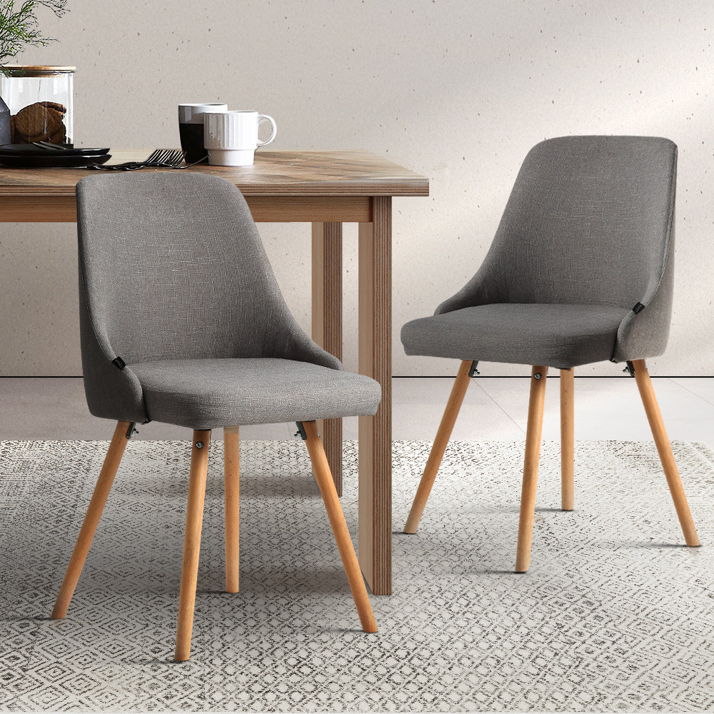 Wooden Timber Dining Chairs 2 Pc Set Grey Fabric