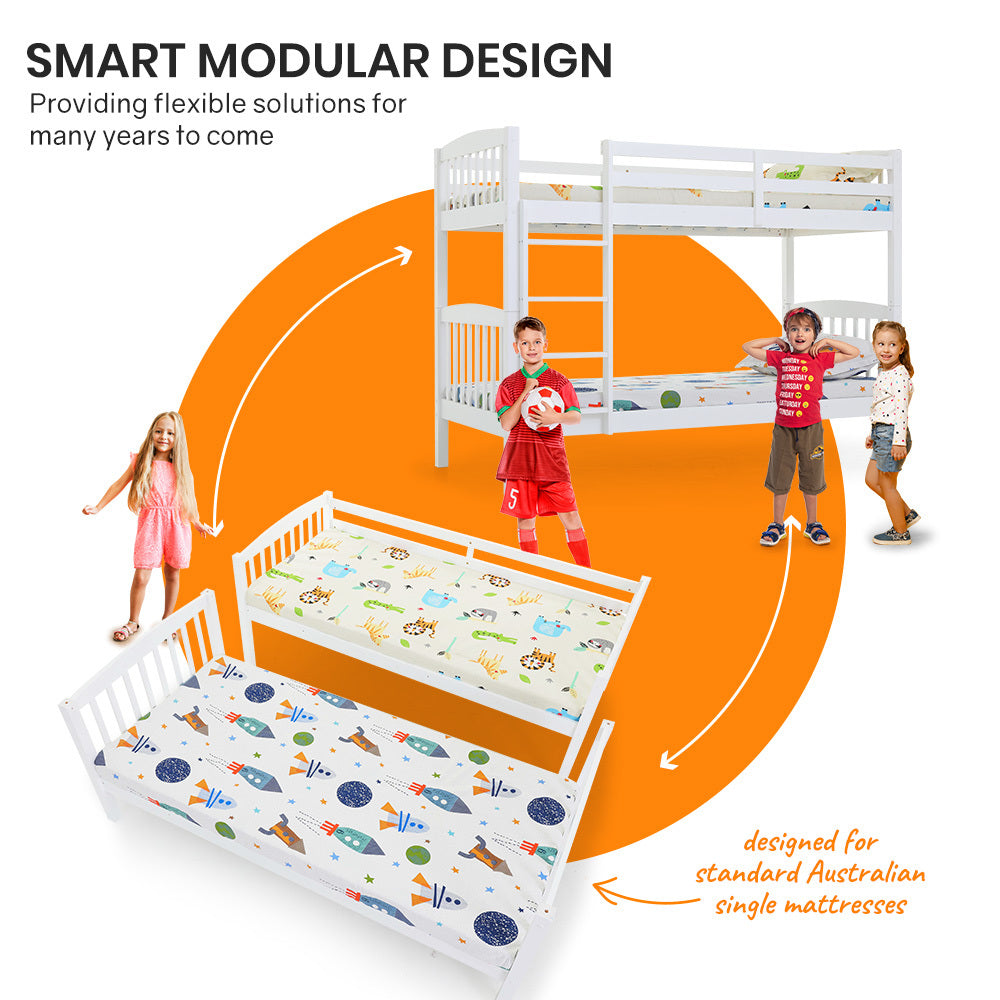 Kingston Slumber Wooden Kids Bunk Bed Frame, with Modular Design that can convert to 2 Single, White