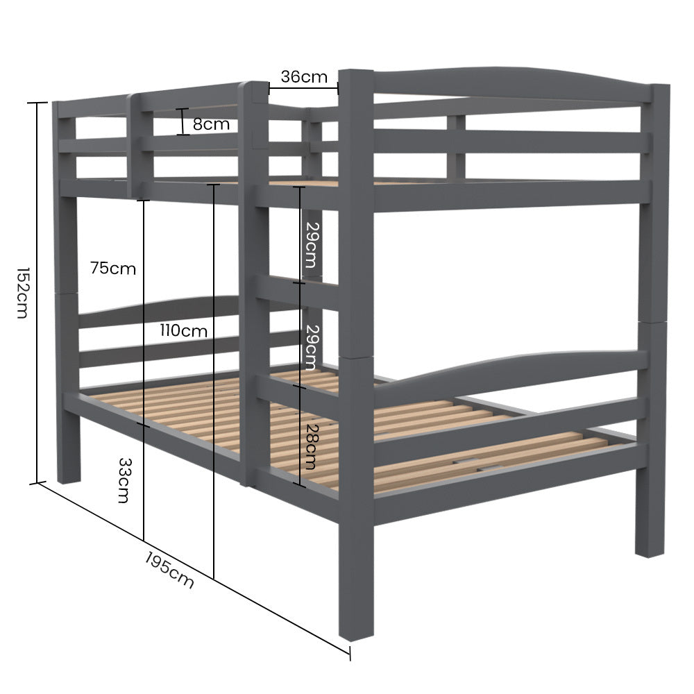 Kingston Slumber Bunk Bed Frame Single Wooden Children Timber PIne Wood Loft Kids Bedroom Furniture