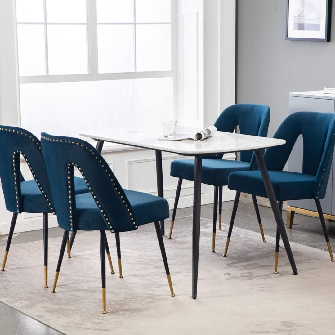 AADEN 2x Velvet Dining chairs with Metal Legs-Blue