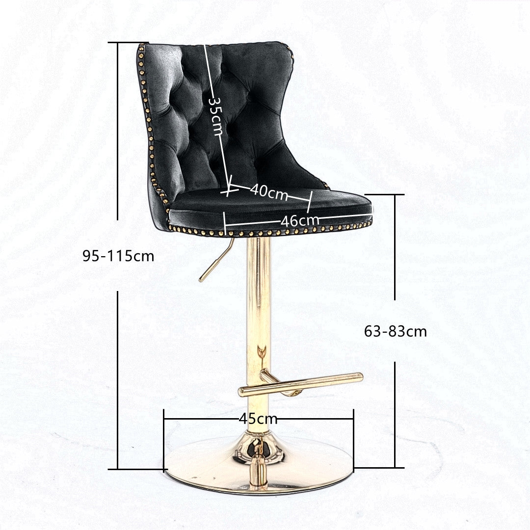 2x Height Adjustable Swivel Bar Stool Velvet Studs Barstool with Footrest and Golden Base- Black