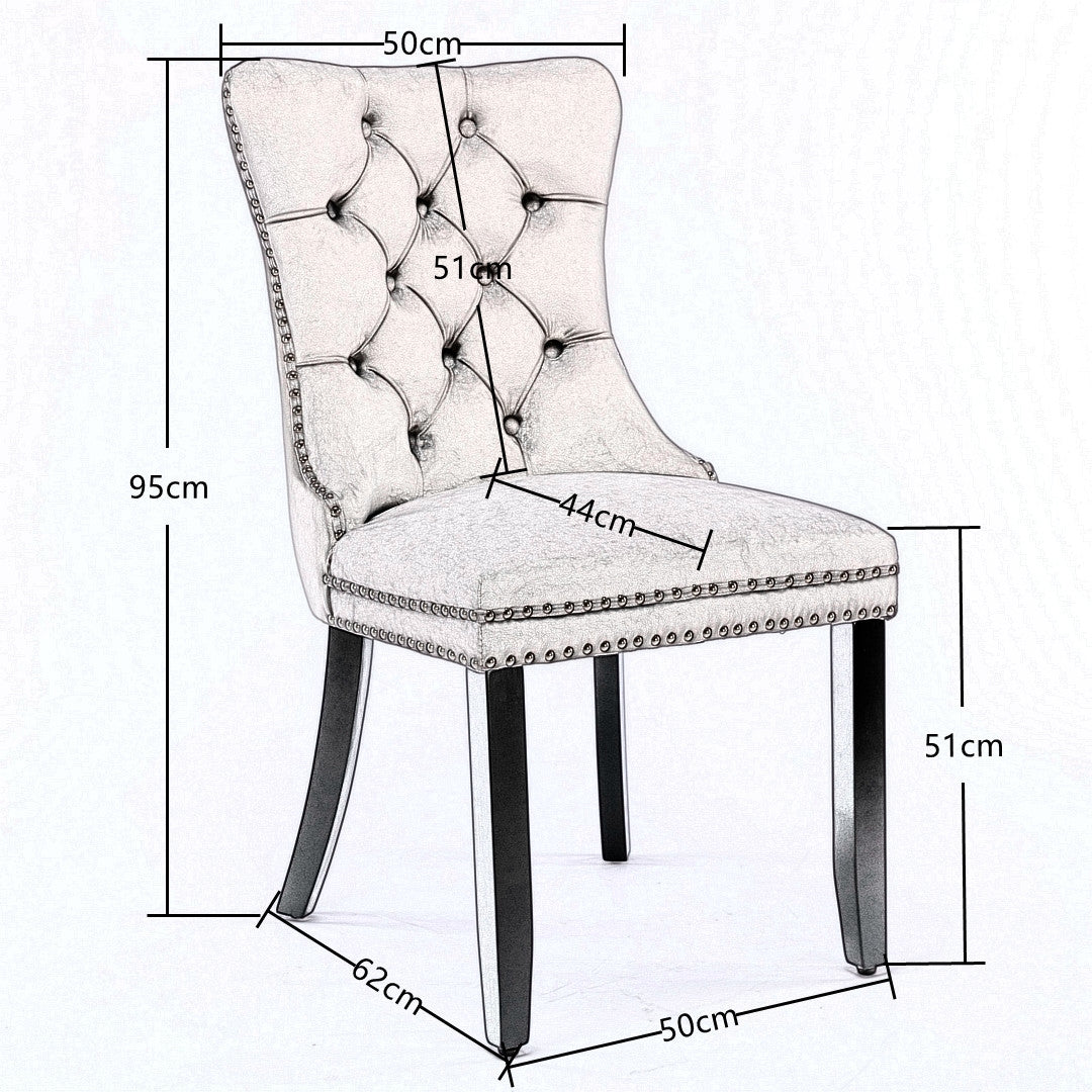 2x Velvet Dining Chairs Upholstered Tufted Kithcen Chair with Solid Wood Legs Stud Trim and Ring-Beige