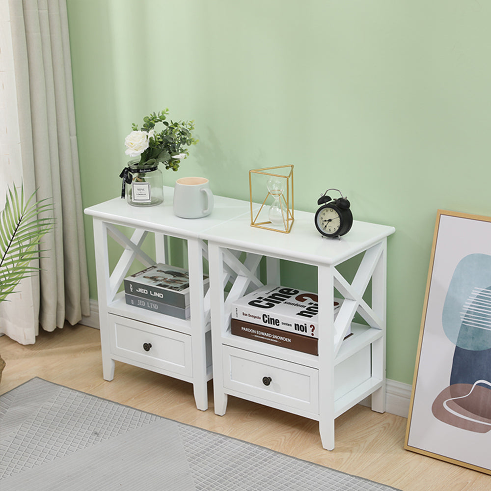 2-tier Bedside Table with Storage Drawer 2 PC &#8211; Rustic White