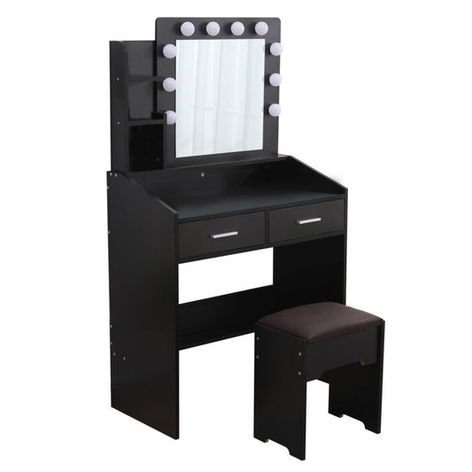 Diana Vanity Set with Shelves Cushioned Stool and Lighted Mirror- Black