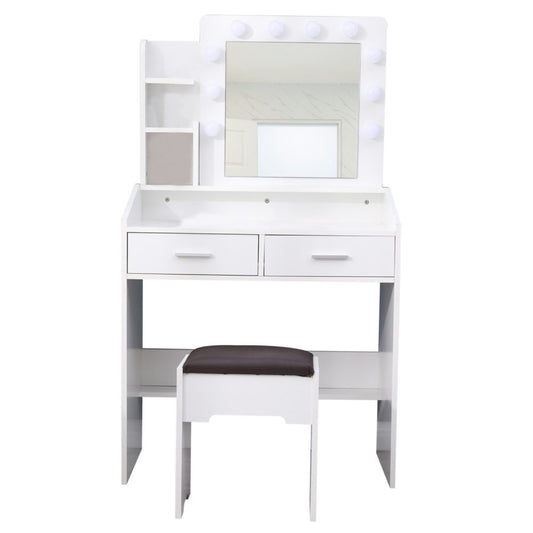 Diana Vanity Set with Shelves Cushioned Stool and Lighted Mirror- White