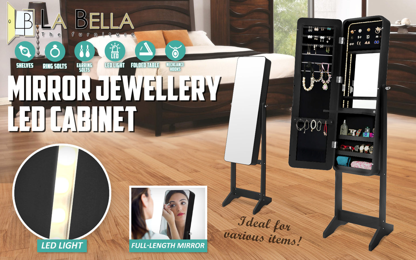 La Bella Black Mirror Jewellery Cabinet FLASHY 146cm Organiser LED