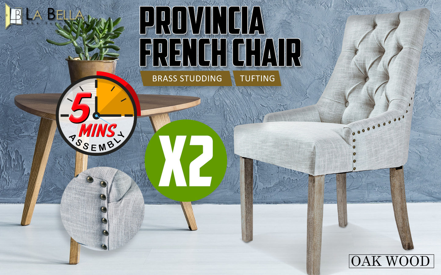 La Bella 2 Set Grey French Provincial Dining Chair Amour Oak Leg