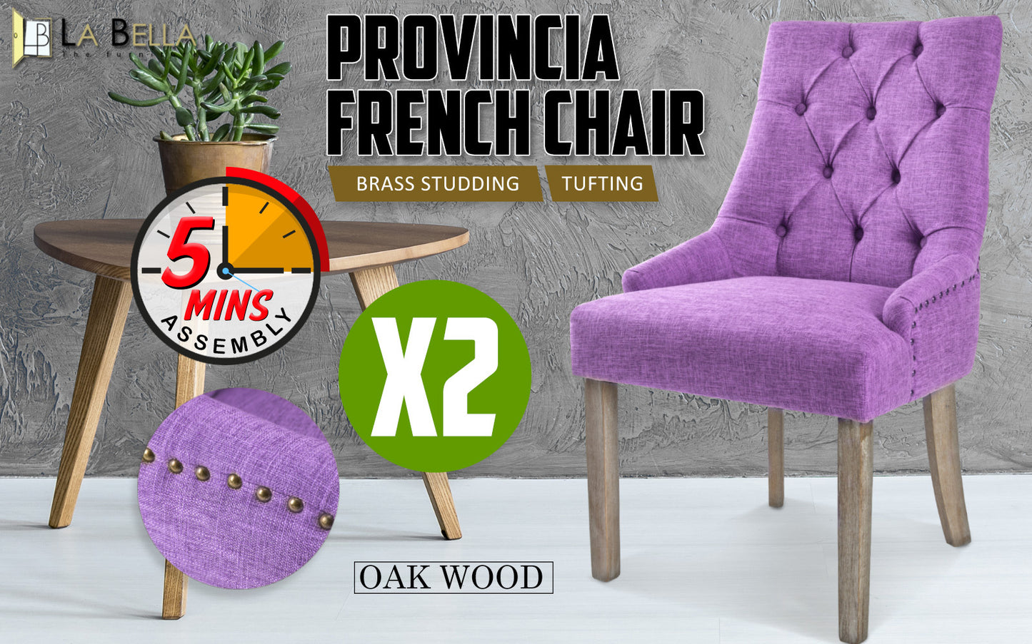 La Bella 2 Set Violet French Provincial Dining Chair Amour Oak Leg