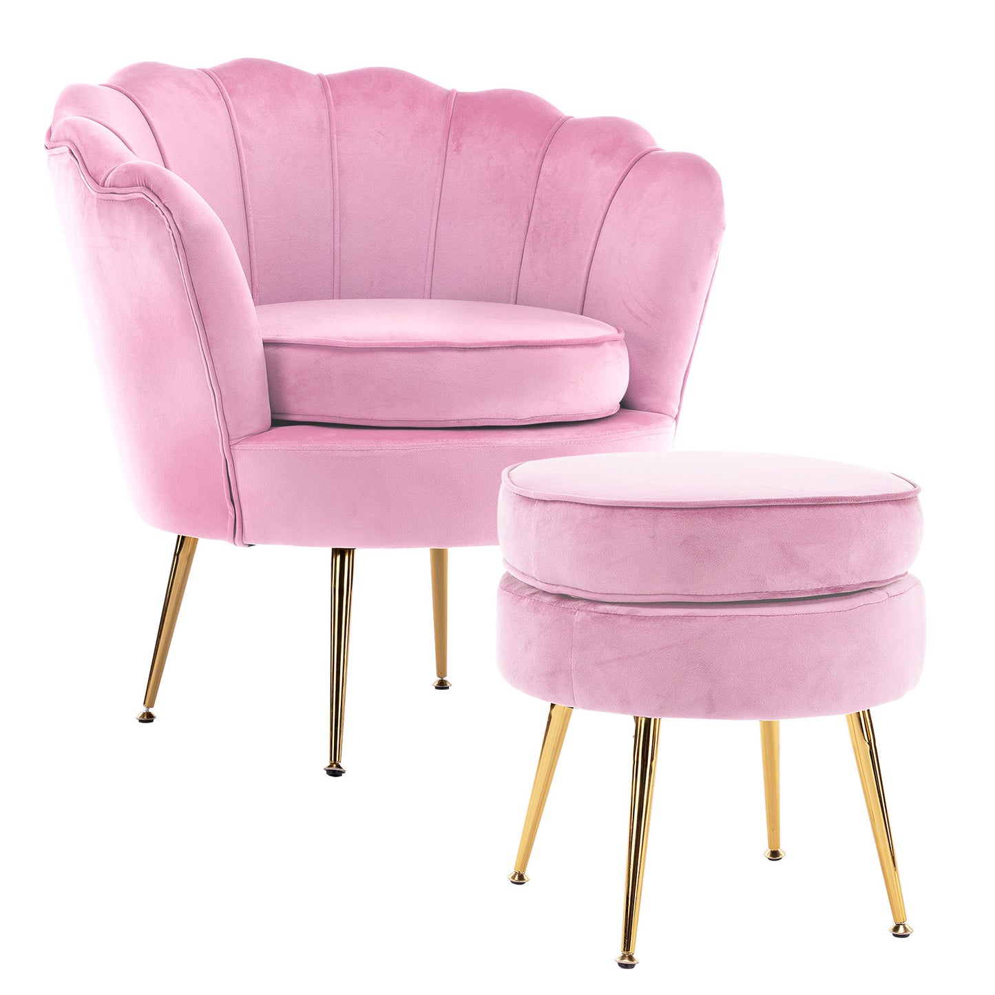 La Bella Shell Scallop Pink Armchair Accent Chair Velvet + Round Ottoman Footstool