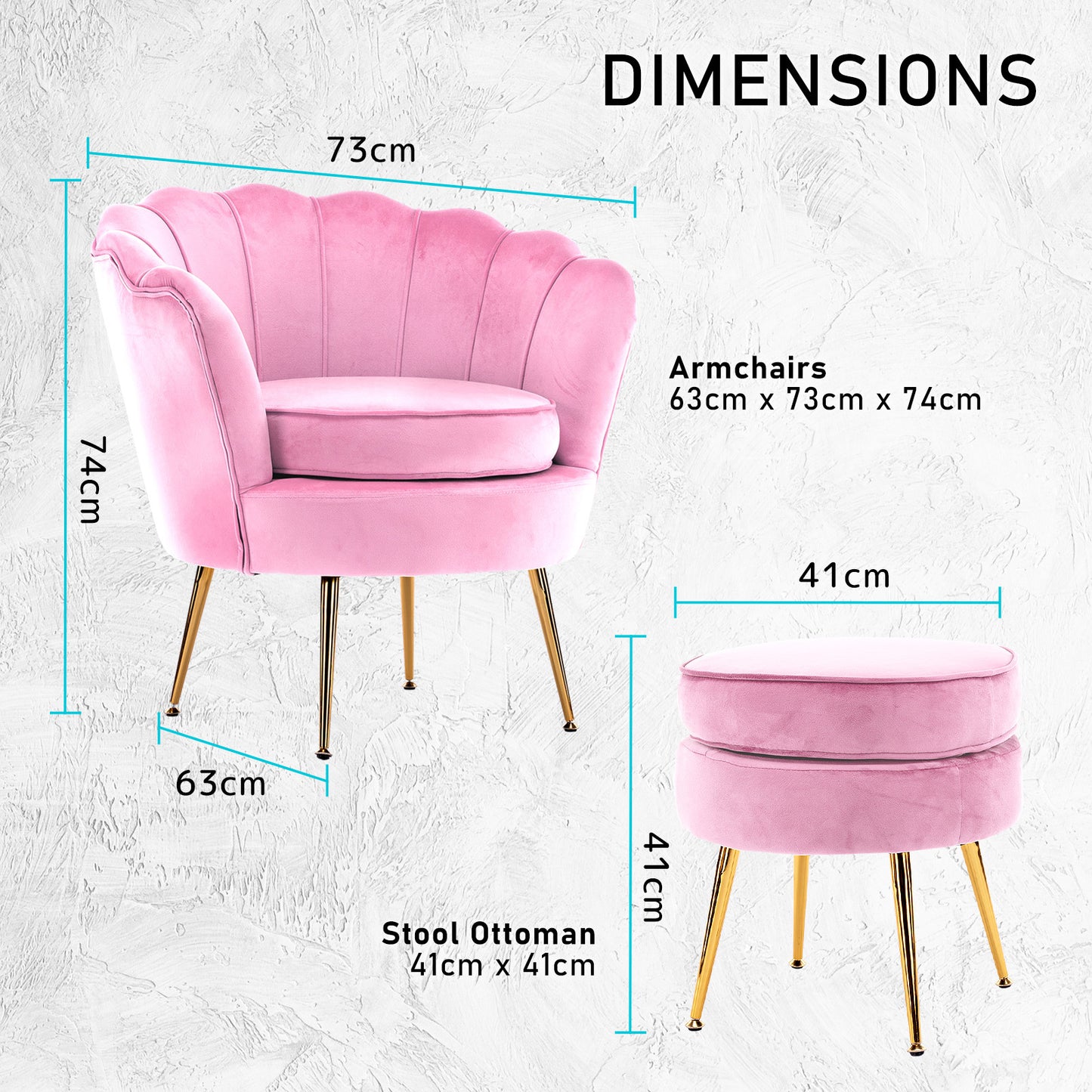 La Bella Shell Scallop Pink Armchair Accent Chair Velvet + Round Ottoman Footstool