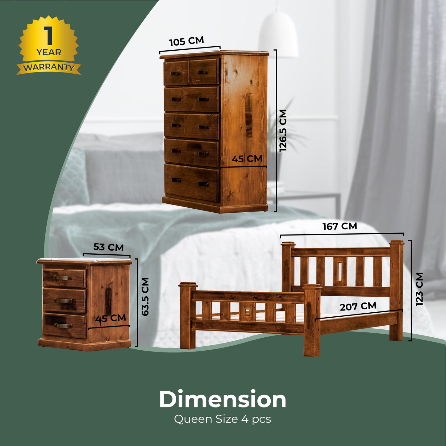 Umber 4pc Queen Bed Frame Suite Bedside Tallboy Furniture Package - Dark Brown