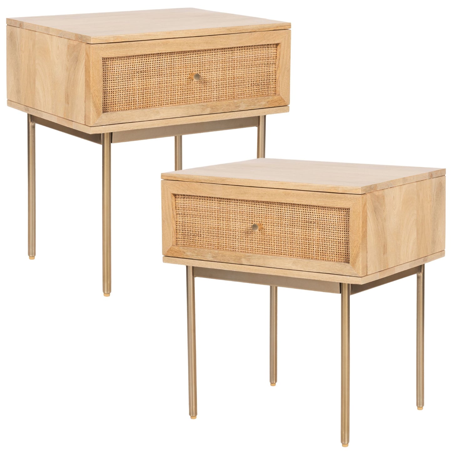 Martina Set of 2 Bedside Table 1 Drawer Storage Cabinet Solid Mango Wood Rattan