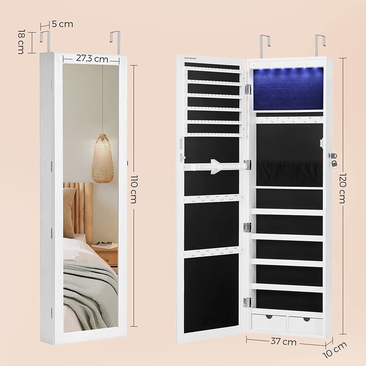 SONGMICS 6 LEDs Mirror Jewelry Cabinet