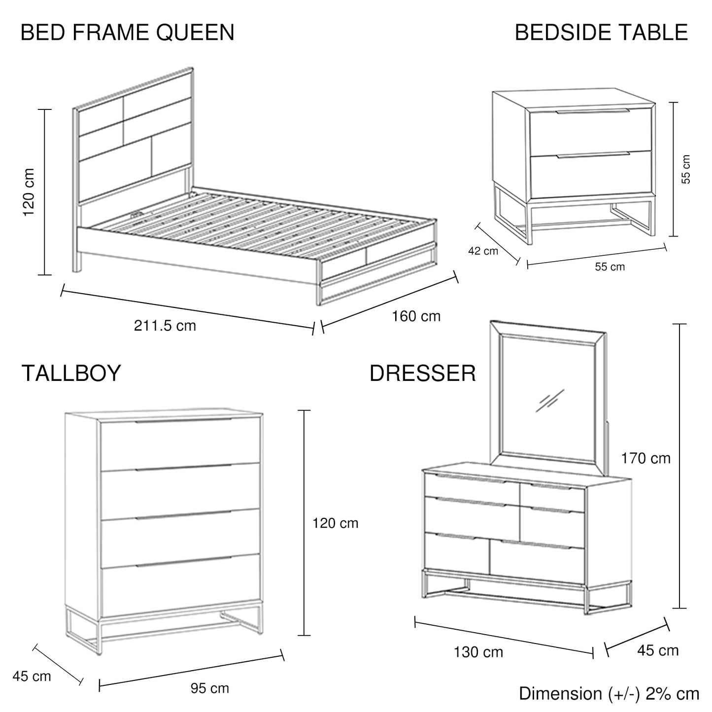 5 Pieces Bedroom Suite made in Solid Wood Acacia Veneered Queen Size Oak Colour Bed, Bedside Table, Tallboy & Dresser