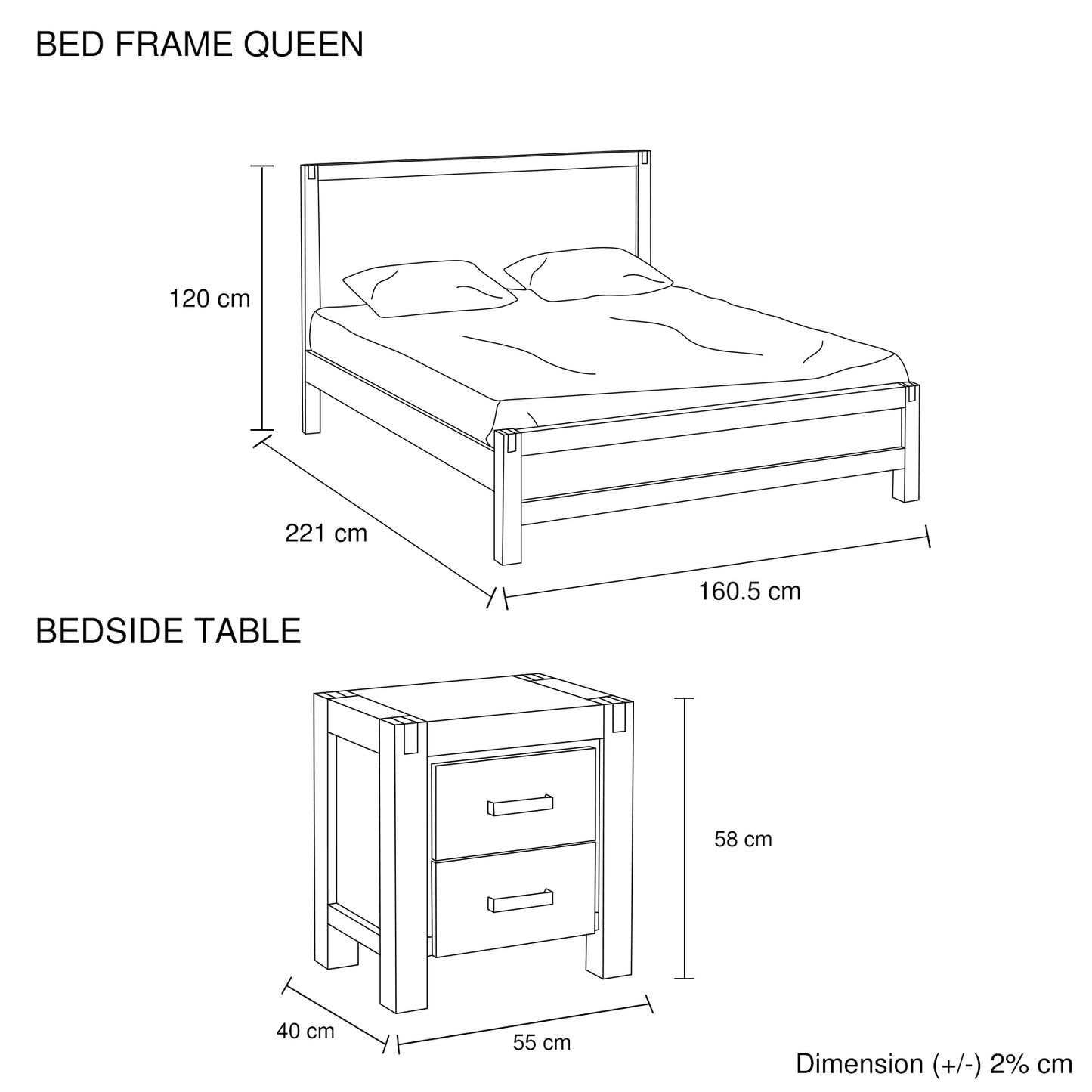 3 Pieces Bedroom Suite in Solid Wood Veneered Acacia Construction Timber Slat Queen Size Oak Colour Bed, Bedside Table