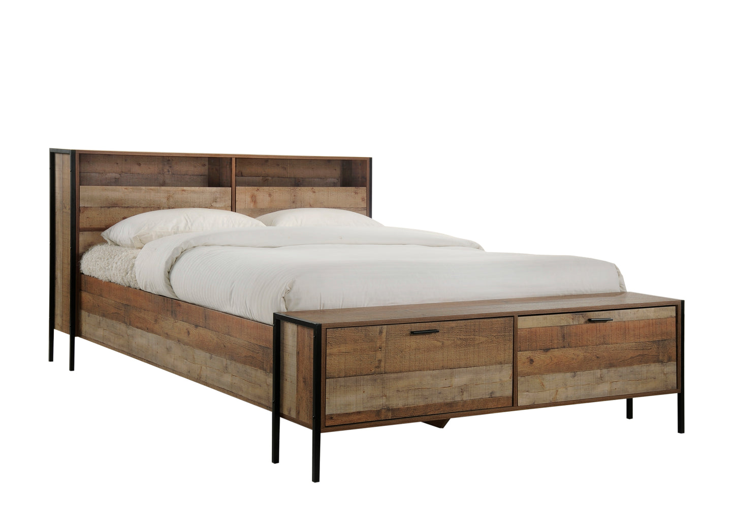 Queen Size Storage Bed Farme in Oak Colour with Particle Board Contraction and Metal Legs