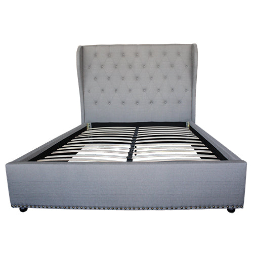 Bed Frame Queen Size in Grey Fabric Upholstered French Provincial High Bedhead