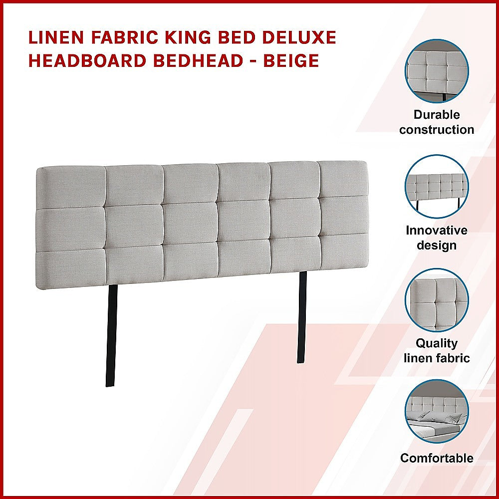 Linen Fabric King Bed Deluxe Headboard Bedhead - Beige