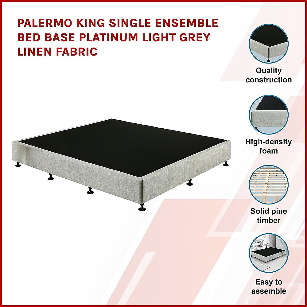 Palermo King Single Ensemble Bed Base Platinum Light Grey Linen Fabric