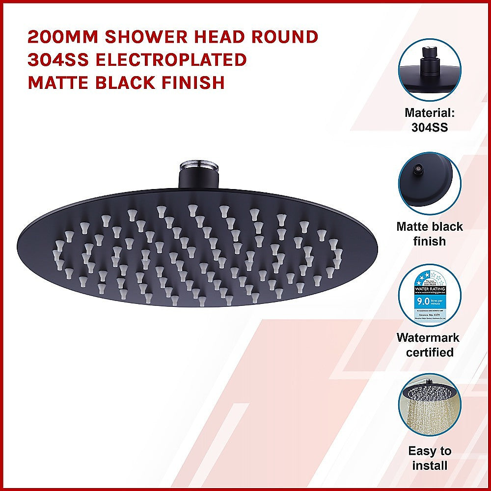 200mm Shower Head Round 304SS Electroplated Matte Black Finish