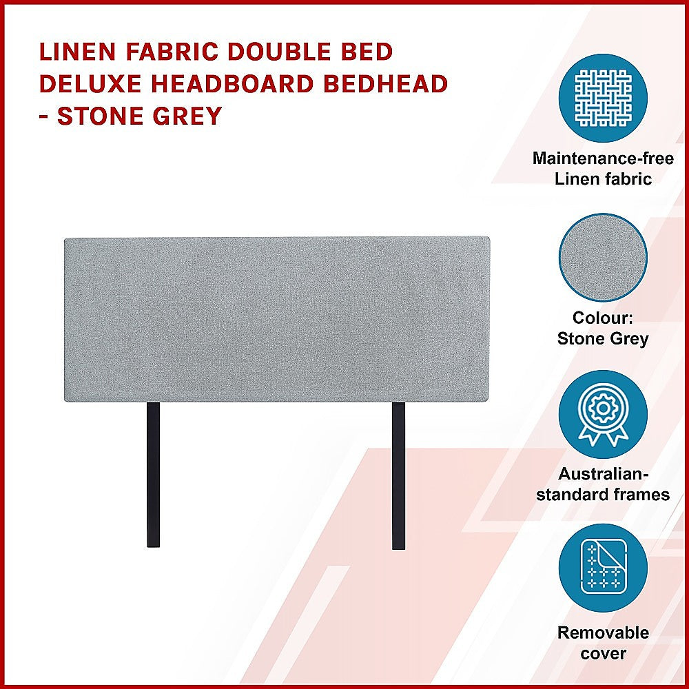 Linen Fabric Double Bed Deluxe Headboard Bedhead - Stone Grey