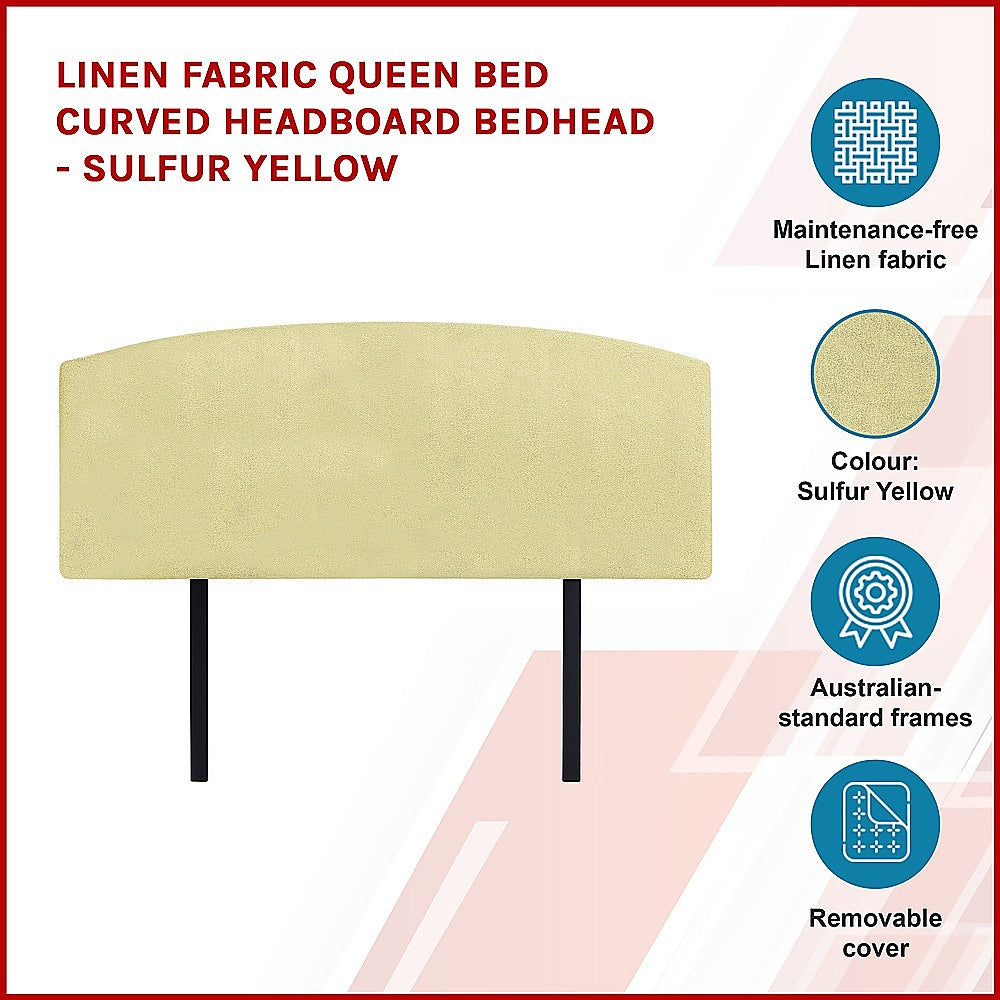 Linen Fabric Queen Bed Curved Headboard Bedhead - Sulfur Yellow