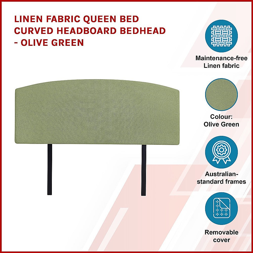 Linen Fabric Queen Bed Curved Headboard Bedhead - Olive Green