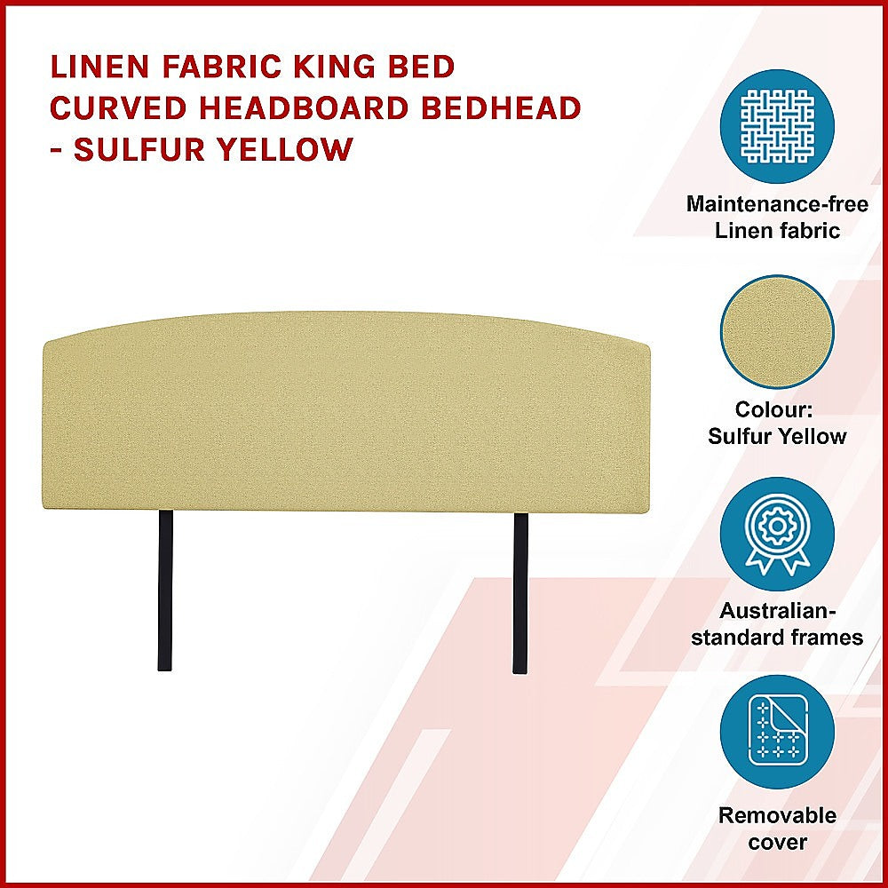 Linen Fabric King Bed Curved Headboard Bedhead - Sulfur Yellow