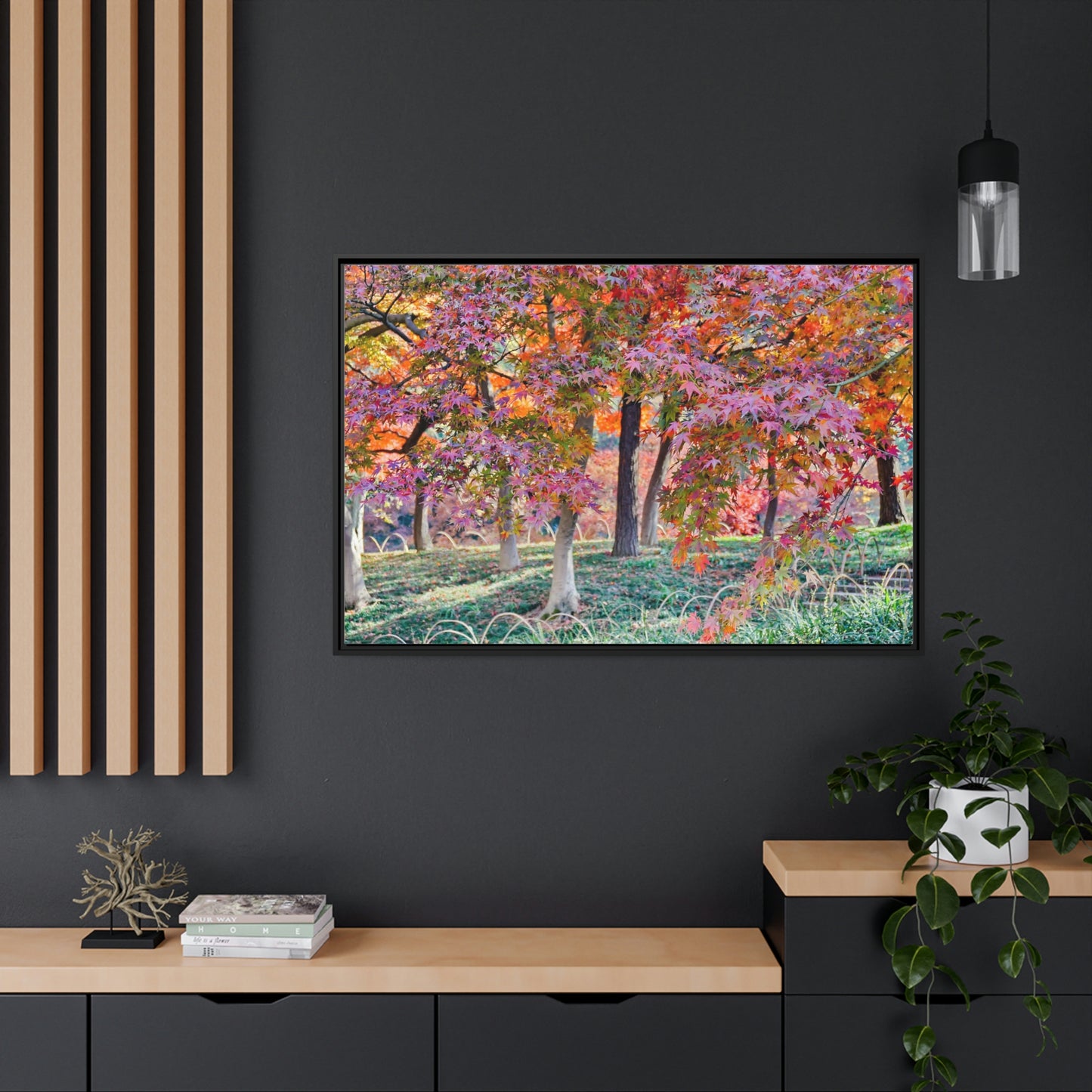 Sun-kissed Foliage" - Vibrant Framed Canvas Wall Art of Colourful Leaves on Trees in Sunlight