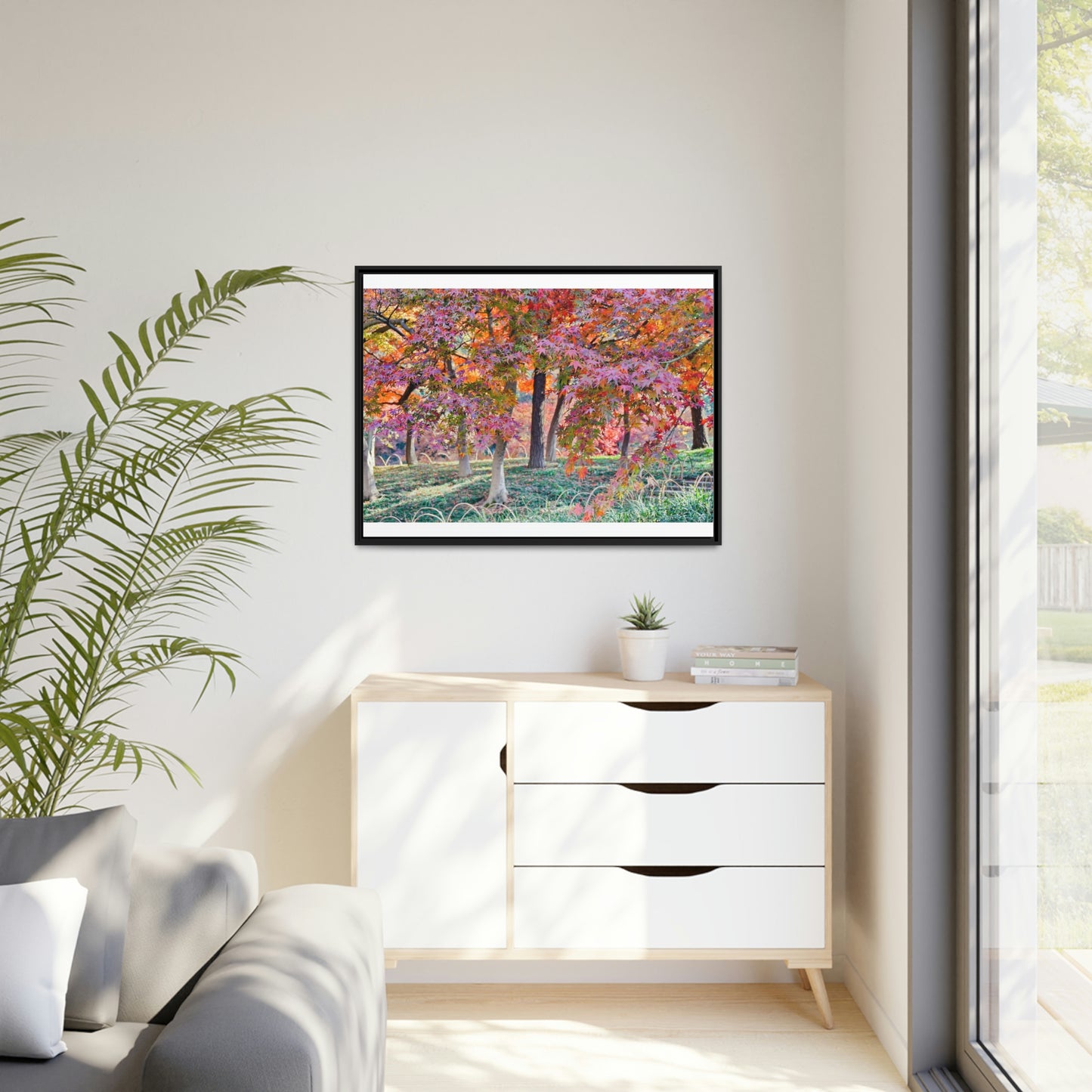 Sun-kissed Foliage" - Vibrant Framed Canvas Wall Art of Colourful Leaves on Trees in Sunlight